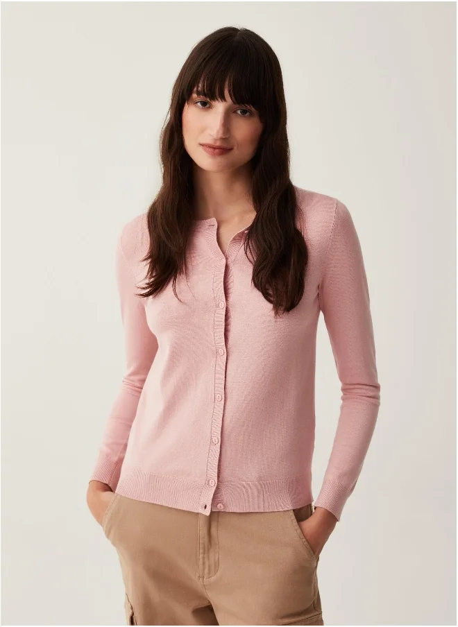 او في اس Solid colour cardigan with round neck