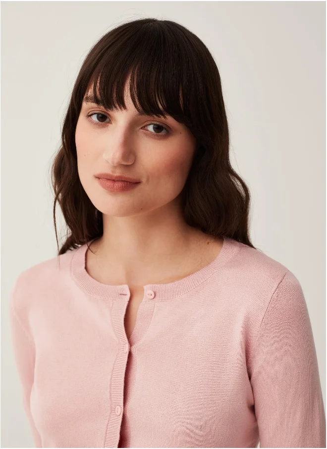 او في اس Solid colour cardigan with round neck