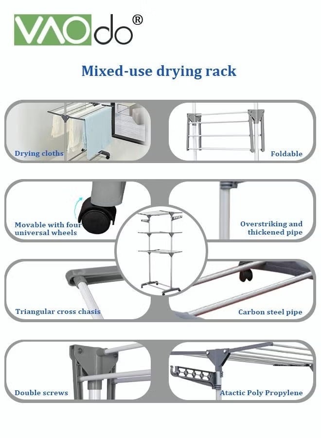 VAOdo Clothes Drying Rack, Foldable Clothes Hanger Rack with Sufficient Drying Space, Easy To Move, Tiered Laundry Dryer Hanger with Wheels, Stainless Steel with Wings on Both Sides for Bed Linen, Clothing, Indoor Outdoor, Grey - Image 3