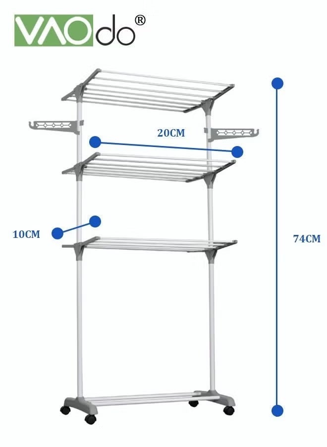 VAOdo Clothes Drying Rack, Foldable Clothes Hanger Rack with Sufficient Drying Space, Easy To Move, Tiered Laundry Dryer Hanger with Wheels, Stainless Steel with Wings on Both Sides for Bed Linen, Clothing, Indoor Outdoor, Grey - Image 2