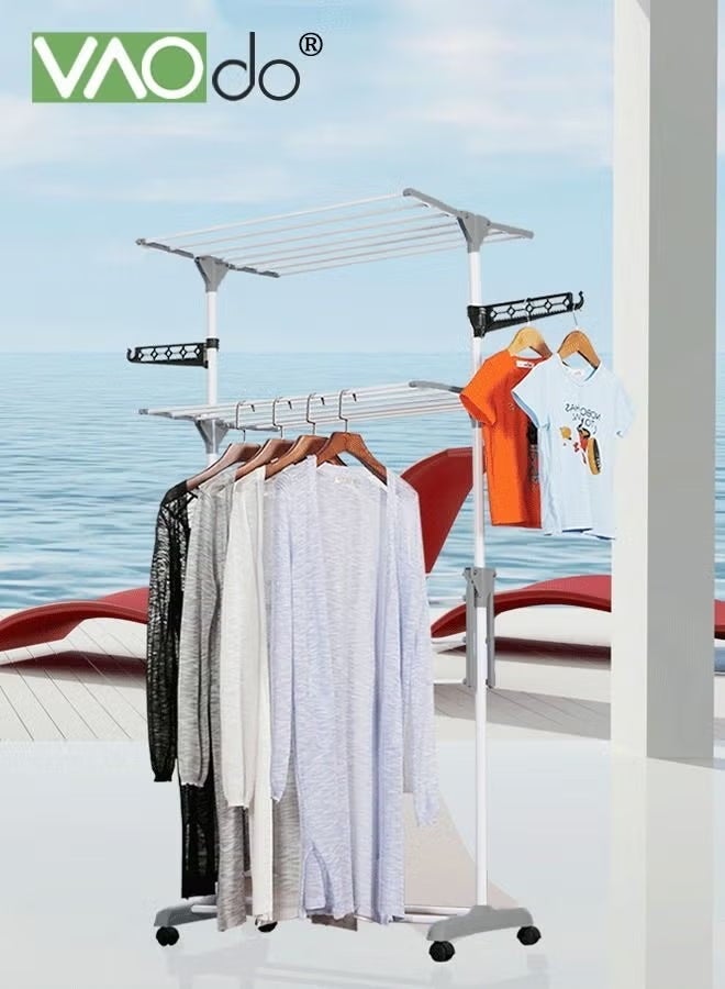VAOdo Clothes Drying Rack, Foldable Clothes Hanger Rack with Sufficient Drying Space, Easy To Move, Tiered Laundry Dryer Hanger with Wheels, Stainless Steel with Wings on Both Sides for Bed Linen, Clothing, Indoor Outdoor, Grey - Image 5