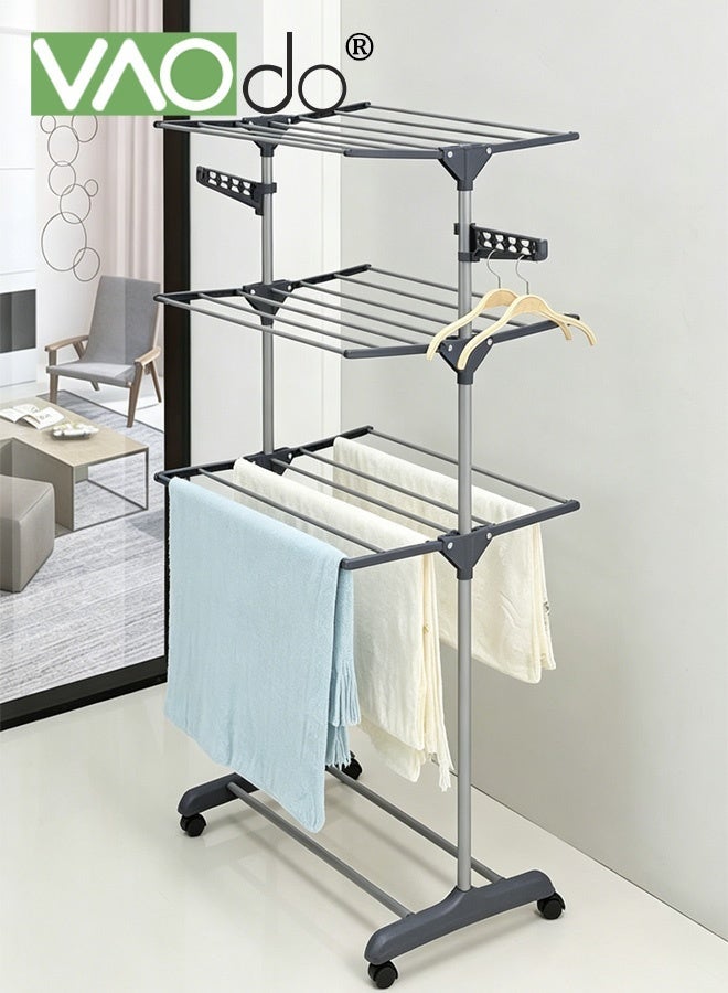 VAOdo Clothes Drying Rack, Foldable Clothes Hanger Rack with Sufficient Drying Space, Easy To Move, Tiered Laundry Dryer Hanger with Wheels, Stainless Steel with Wings on Both Sides for Bed Linen, Clothing, Indoor Outdoor, Grey - Image 1