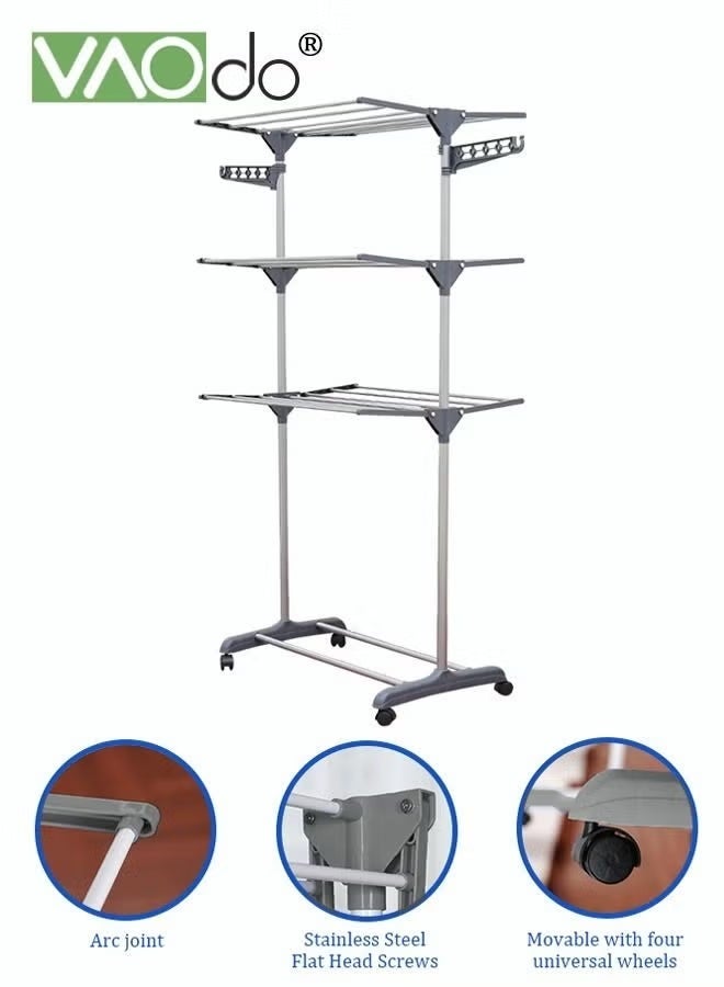 VAOdo Clothes Drying Rack, Foldable Clothes Hanger Rack with Sufficient Drying Space, Easy To Move, Tiered Laundry Dryer Hanger with Wheels, Stainless Steel with Wings on Both Sides for Bed Linen, Clothing, Indoor Outdoor, Grey - Image 4