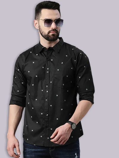 Joven Black Printed Cotton Casual Shirt for Men