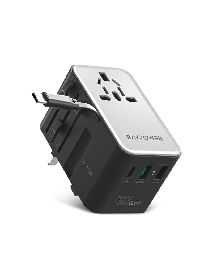 راف باور محول سفر 70 واط 4 منافذ مع كابل USB-C مدمج، محول عالمي GaN 5.0، شاحن حائط دولي مع مخرج AC، 2 USB-A، USB-C PD، لأجهزة اللابتوب، الهواتف، الأجهزة اللوحية، PC1061 - Image 1