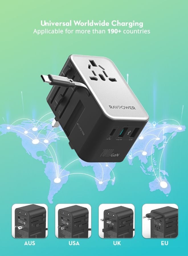 راف باور محول سفر 70 واط 4 منافذ مع كابل USB-C مدمج، محول عالمي GaN 5.0، شاحن حائط دولي مع مخرج AC، 2 USB-A، USB-C PD، لأجهزة اللابتوب، الهواتف، الأجهزة اللوحية، PC1061 - Image 3