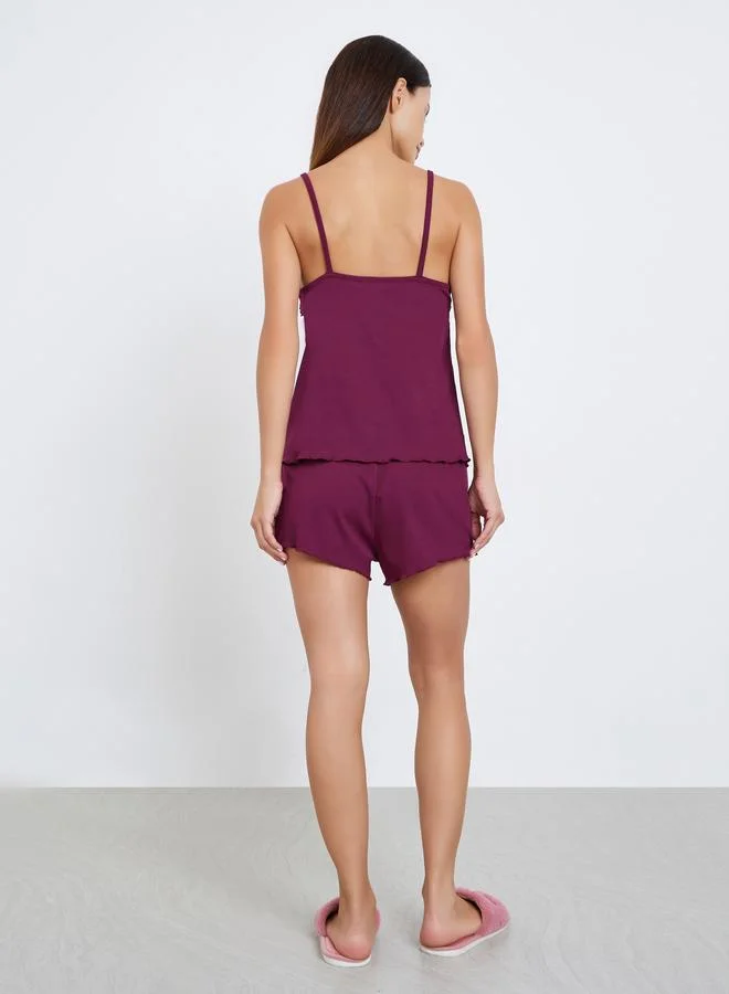 Styli  Rib Texture Lettuce Hem Cami and Shorts Set for Women | Best Price UAE