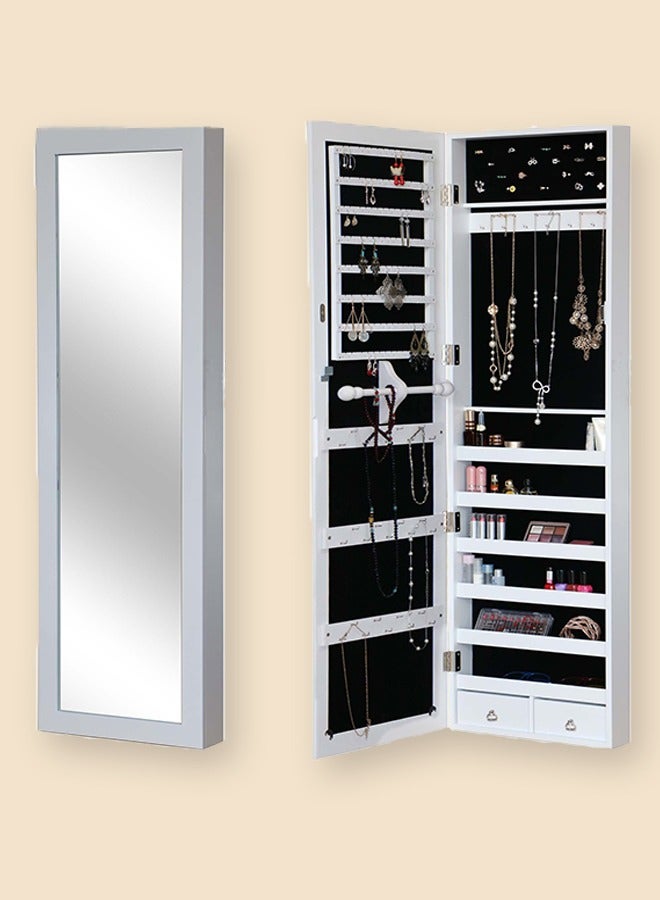 Mirror Jewelry Cabinet Wall Mounted Jewelry Organizer Lockable Wall-Mounted Storage Organiser Unit with 2 Plastic Cosmetic Storage Trays Full-Length Frameless Mirror for Necklace Earring(White) - Image 1