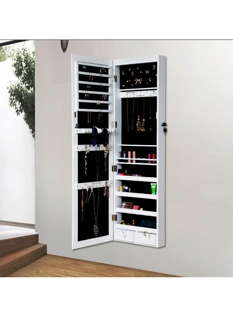 Mirror Jewelry Cabinet Wall Mounted Jewelry Organizer Lockable Wall-Mounted Storage Organiser Unit with 2 Plastic Cosmetic Storage Trays Full-Length Frameless Mirror for Necklace Earring(White) - Image 4