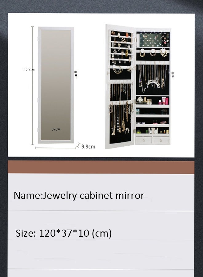Mirror Jewelry Cabinet Wall Mounted Jewelry Organizer Lockable Wall-Mounted Storage Organiser Unit with 2 Plastic Cosmetic Storage Trays Full-Length Frameless Mirror for Necklace Earring(White) - Image 2