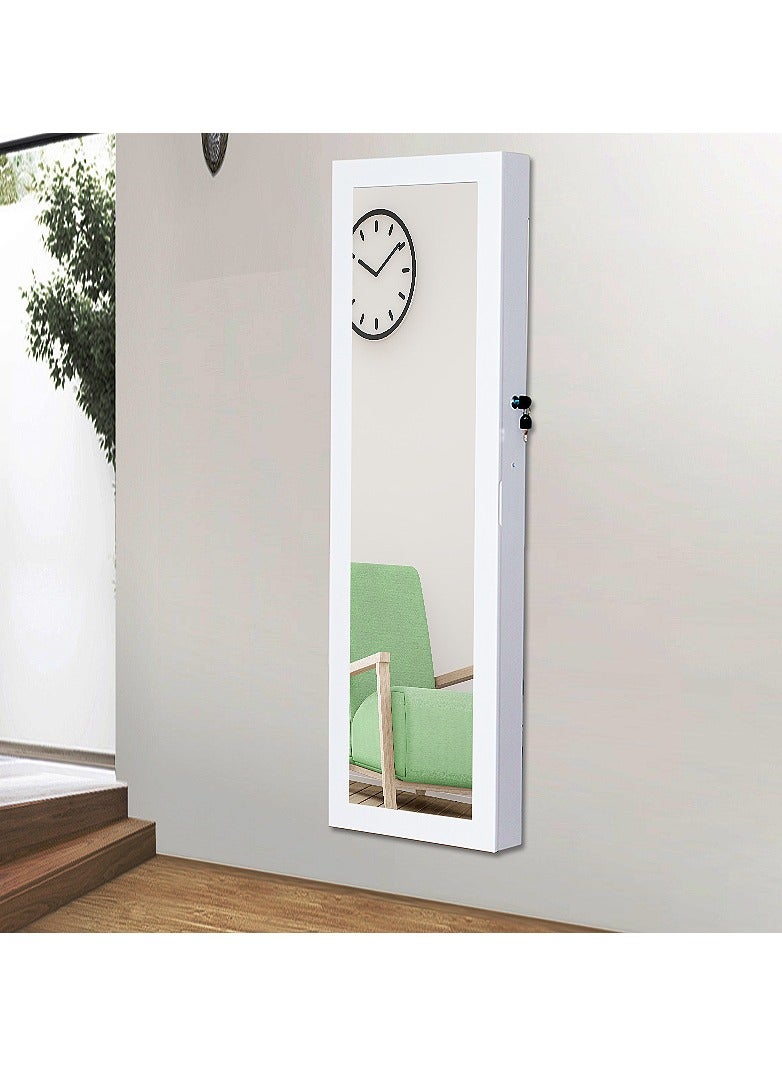 Mirror Jewelry Cabinet Wall Mounted Jewelry Organizer Lockable Wall-Mounted Storage Organiser Unit with 2 Plastic Cosmetic Storage Trays Full-Length Frameless Mirror for Necklace Earring(White) - Image 3