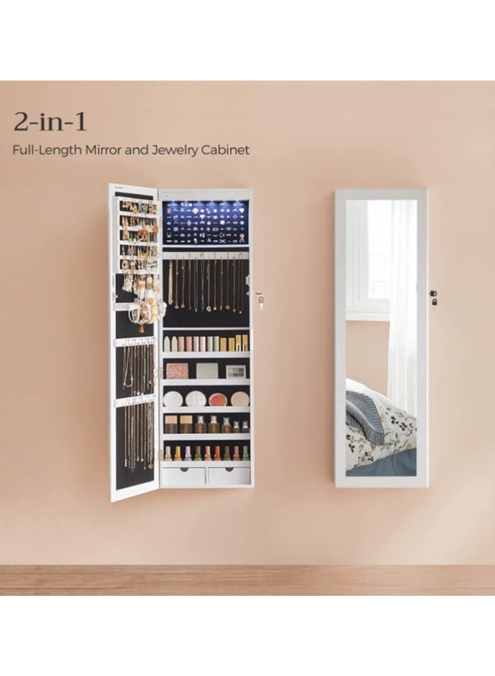 Mirror Jewelry Cabinet Wall Mounted Jewelry Organizer Lockable Wall-Mounted Storage Organiser Unit with 2 Plastic Cosmetic Storage Trays Full-Length Frameless Mirror for Necklace Earring(White) - Image 5