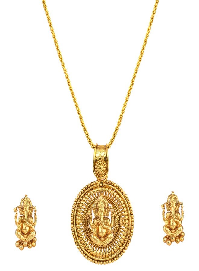 JFL - Jewellery for Less Traditional Ethnic Gold Plated Lord Ganesh Pendant Set with Earring for Women And Girls. - Image 1