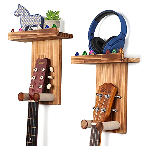 Keebofly Guitar Wall Hanger,2 Pack Guitar Wall Mount Holder Guitar Hanger Shelf with Pick Holder Solid Pine Wood Guitar Rack for Acoustic or Electric Guitar,Ukulele,Bass,Mandolin Brown，[Patented] - Image 1
