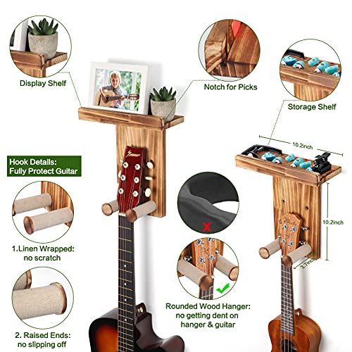Keebofly Guitar Wall Hanger,2 Pack Guitar Wall Mount Holder Guitar Hanger Shelf with Pick Holder Solid Pine Wood Guitar Rack for Acoustic or Electric Guitar,Ukulele,Bass,Mandolin Brown，[Patented] - Image 4
