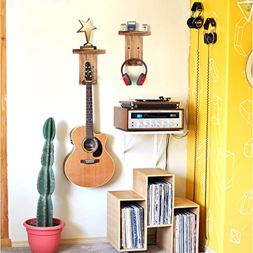Keebofly Guitar Wall Hanger,2 Pack Guitar Wall Mount Holder Guitar Hanger Shelf with Pick Holder Solid Pine Wood Guitar Rack for Acoustic or Electric Guitar,Ukulele,Bass,Mandolin Brown，[Patented] - Image 2