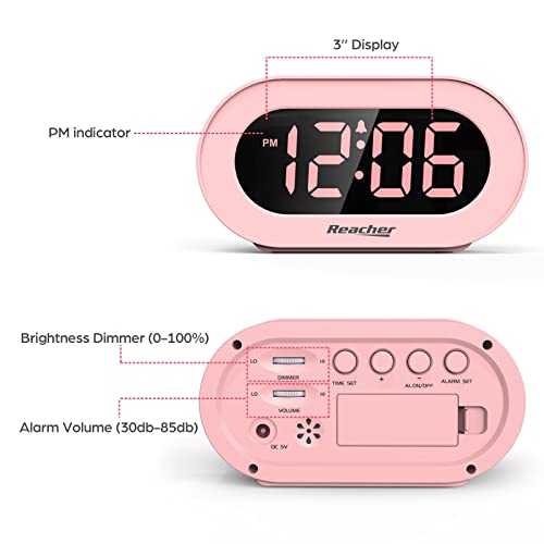 REACHER Pink Girls Alarm Clock for Kids Bedroom, Dimmable LED Digital Display, Outlet Powered, Adjustable Volume, Simple to Use, Snooze, Small Size for Bedside, Desk, Toddler - Image 4
