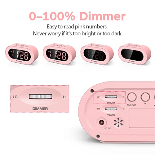 REACHER Pink Girls Alarm Clock for Kids Bedroom, Dimmable LED Digital Display, Outlet Powered, Adjustable Volume, Simple to Use, Snooze, Small Size for Bedside, Desk, Toddler - Image 5