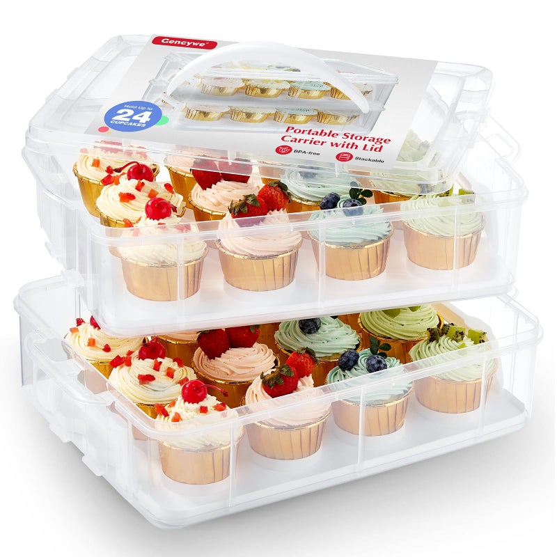 Gencywe Plastic Cupcake Carrier 24 Count, 2-Layer Cupcake Holder Carries with Lid & Handles, Cookie, Cake, Cupcake and Brownie Storage Carrier, Reusable Cupcake Box - Image 1