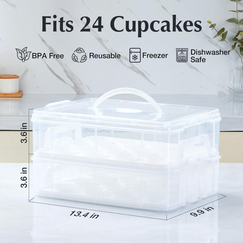 Gencywe Plastic Cupcake Carrier 24 Count, 2-Layer Cupcake Holder Carries with Lid & Handles, Cookie, Cake, Cupcake and Brownie Storage Carrier, Reusable Cupcake Box - Image 2