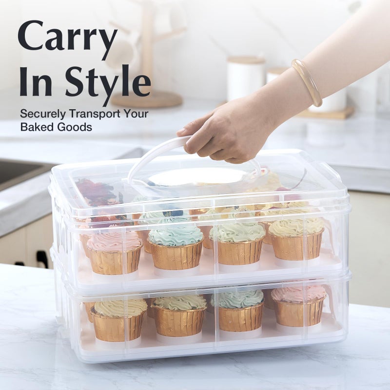 Gencywe Plastic Cupcake Carrier 24 Count, 2-Layer Cupcake Holder Carries with Lid & Handles, Cookie, Cake, Cupcake and Brownie Storage Carrier, Reusable Cupcake Box - Image 3