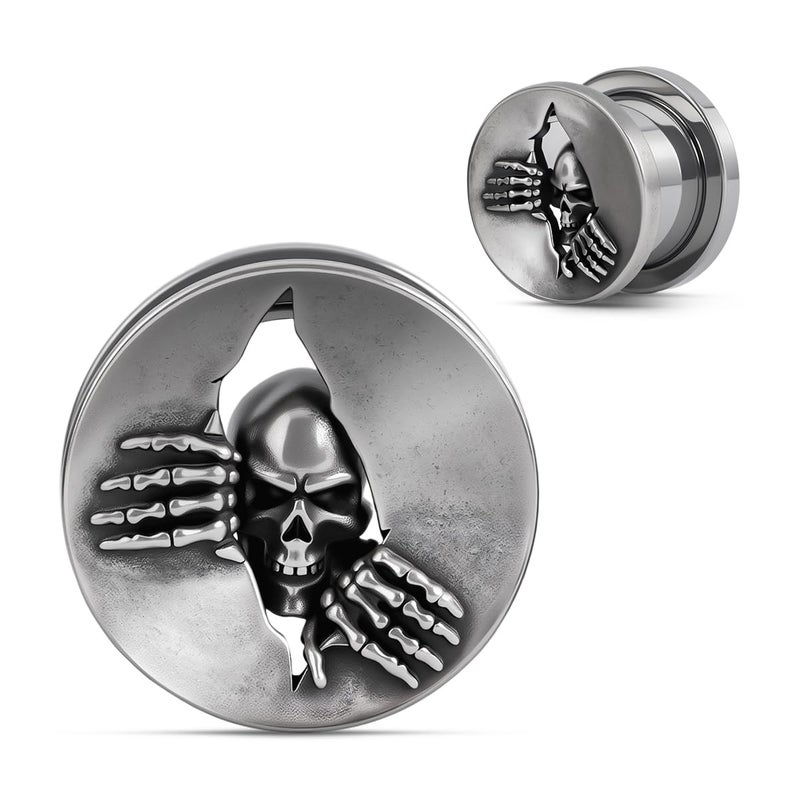 COOEAR Gothic Skull Ear Expander, Punk Rock Ear Gauges with Skeleton Hand Design, Stainless Steel Dark Horror Tunnel Plugs for Men & Women 8mm. - Image 1