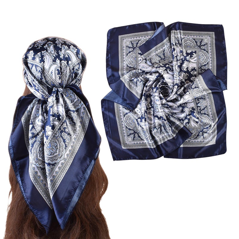 EIysee 35 Inches Silk Head Scarf-Satin Hair Scarves Silk Bandana Scarf Headscarf for Women's Fashion Scarves (Paisley - Navy blue) - Image 1