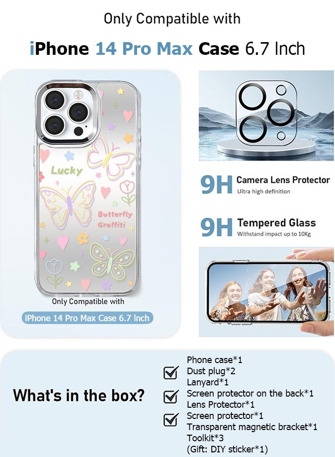 Wffo 12-in-1 - For iPhone 14 Pro Max Case - Screen Protector / Camera Lens Protector / Screen Protector on the Back / Dust Plug / Clear MagSafe Bracket / With Lanyard - Butterfly Pattern Cases - TPU Drop Protection - Full Body Protection Shock Case  - Image 2