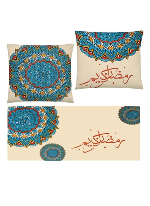 طقم رمضان 3 قطع ( رانر سفره , تصميم اورينتال رمضان   45*90 سم + 2 كوشن مقاس 45*45 سم )