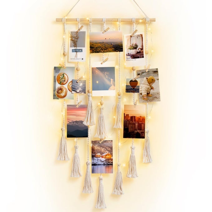 Hanging Photo Display Wall Decor Macrame Wall Hanging Boho Collage Picture Frames with 30 Clips Photo Hanger with String Light Decor for Dorm Bedroom Living Room Teen Girl Christmas Gift