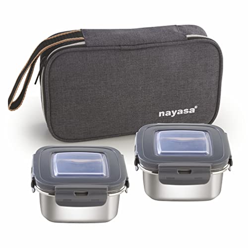 Nayasa Eco Crunch 2 Lunch Box with 2 Containers of 300 Ml Each, Ziper Pouch, Airtight Leakproof Lid, 4 Side Lock, Ideal for School/College/Office, Full Meal & Easy to Carry, Black - Stainless Steel - Image 1