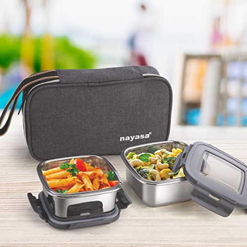 Nayasa Eco Crunch 2 Lunch Box with 2 Containers of 300 Ml Each, Ziper Pouch, Airtight Leakproof Lid, 4 Side Lock, Ideal for School/College/Office, Full Meal & Easy to Carry, Black - Stainless Steel - Image 4