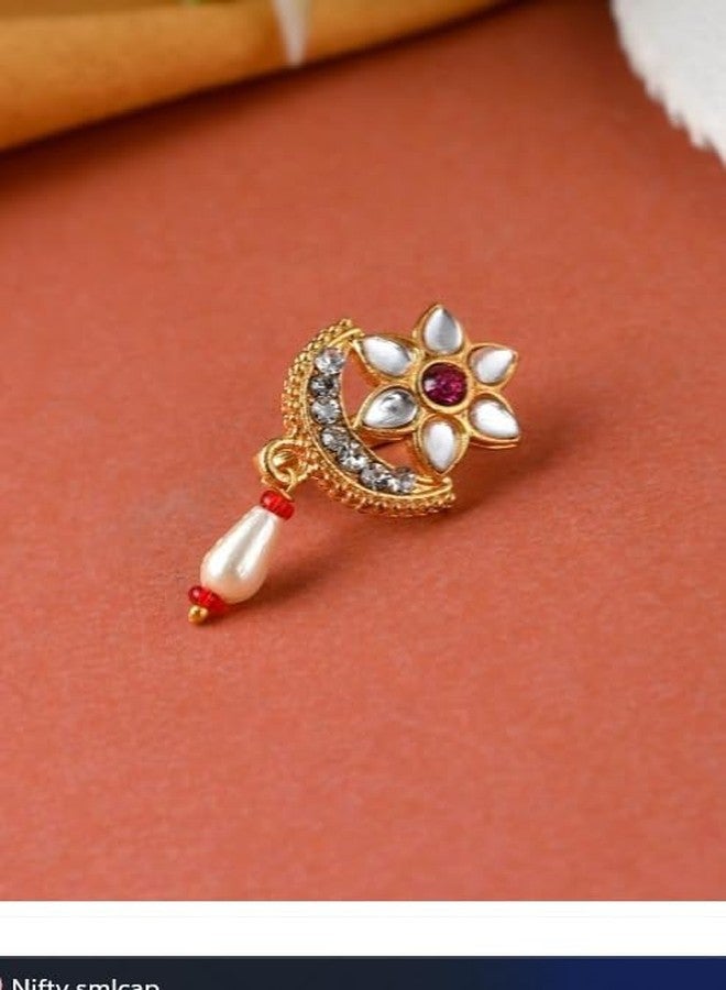 DENICRAAS Traditional Gold-Plated Flower Nosepin with Pearl Drop, White and Pink Stone - Image 3