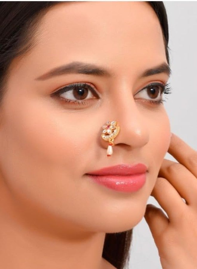 DENICRAAS Traditional Gold-Plated Flower Nosepin with Pearl Drop, White and Pink Stone - Image 2