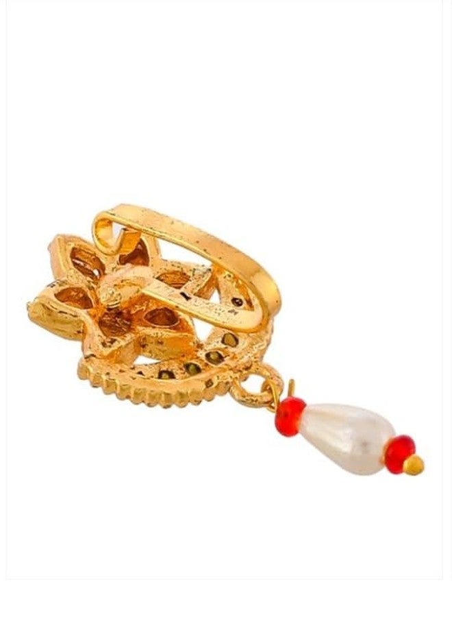 DENICRAAS Traditional Gold-Plated Flower Nosepin with Pearl Drop, White and Pink Stone - Image 4
