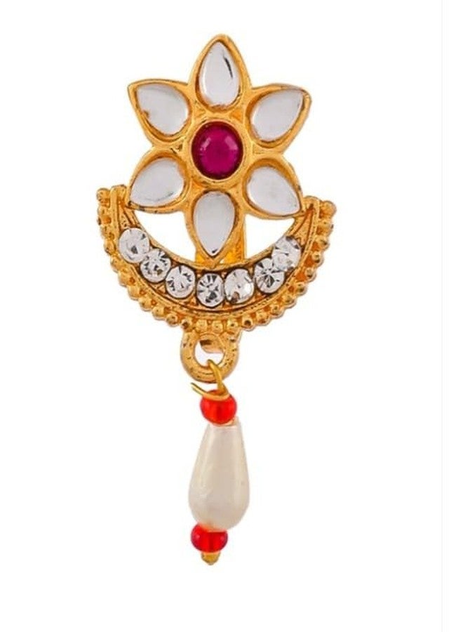 DENICRAAS Traditional Gold-Plated Flower Nosepin with Pearl Drop, White and Pink Stone - Image 1