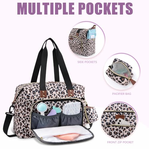 Tuwubi Diaper Bag Tote,Baby Diaper Bag with Pacifier Case Large Travel Diaper Tote Caddy for Mom and Dad Multifunction Large Baby Bag - Leopard Print - Image 2