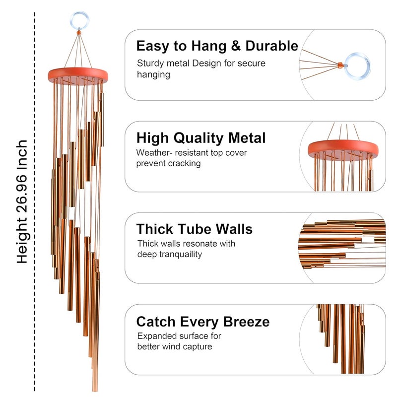 HindCraft Wind Chimes for Balcony & Garden – 27-Inch Gold Copper Windchime for Home Decor, Wall Hanging Bells for Positive Energy & Living Room Decoration(Pack of 1) - Image 2