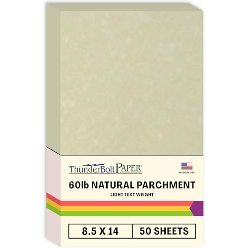 ThunderBolt Paper 50 Natural Parchment 60# Text (=24# Bond) Paper Sheets - 8.5 X 14 inches Legal Size - 60 Pound is Not Card Weight - Vintage Colored Old Parchment Semblance - Image 1