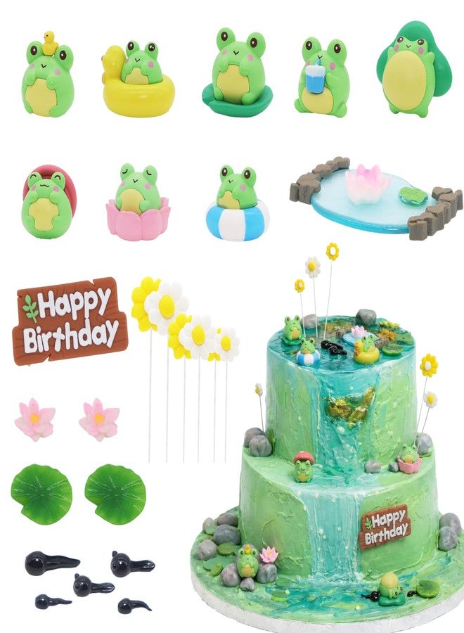 BiBo Cartoon Frog Cake Topper Decorations Set, Include Mini Lotus Flowers Lily Pads Daisy Frog Figurines for Birthday Rainforest Themed Party Favors Supplies. - Image 1