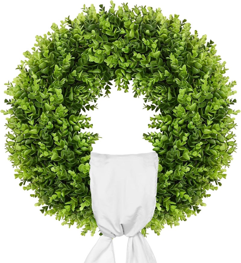 Vlorart 20-Inch Boxwood Wreath, Artificial Boxwood Wreath Front Door Wreaths Artificial Spring Summer Greenery Hanging with A Plaid Bowand Sash for Front Door Wall Hanging - Image 1