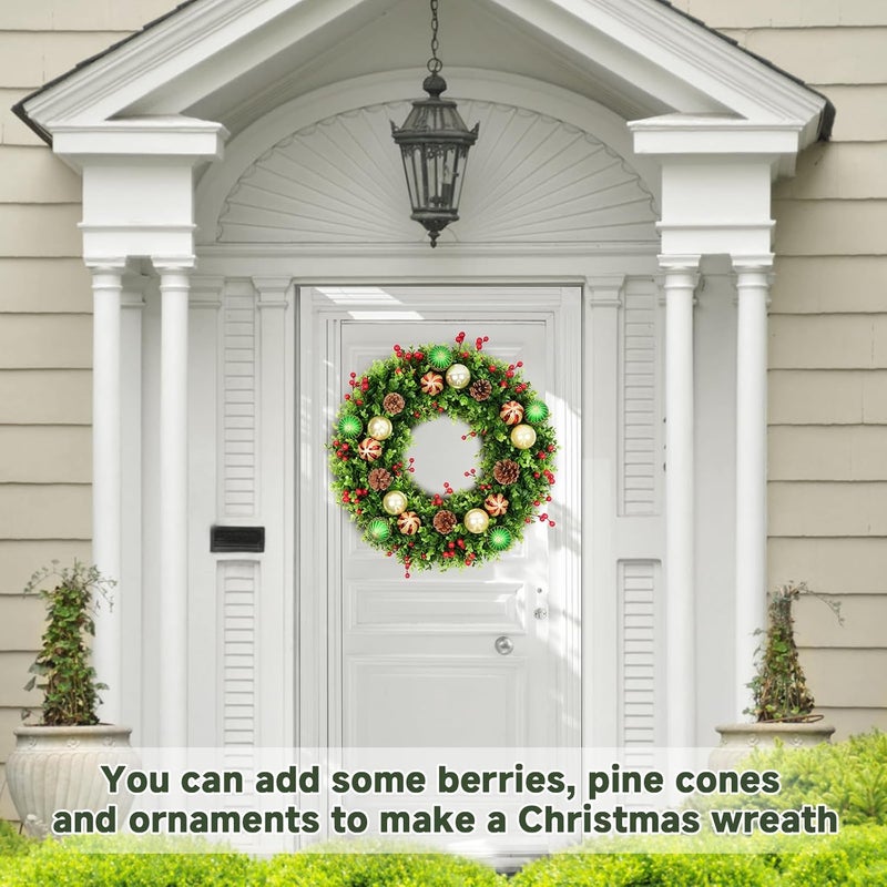 Vlorart 20-Inch Boxwood Wreath, Artificial Boxwood Wreath Front Door Wreaths Artificial Spring Summer Greenery Hanging with A Plaid Bowand Sash for Front Door Wall Hanging - Image 4
