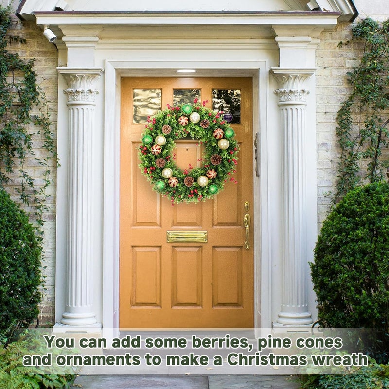 Vlorart 20-Inch Boxwood Wreath, Artificial Boxwood Wreath Front Door Wreaths Artificial Spring Summer Greenery Hanging with A Plaid Bowand Sash for Front Door Wall Hanging - Image 3