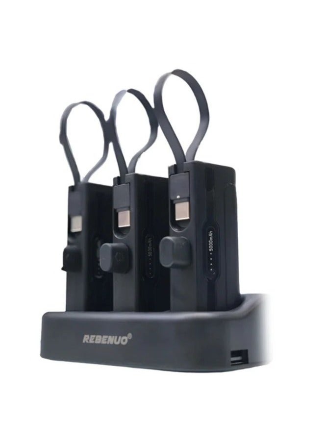 REBENUO محطة شحن باور بانك 3 في 1 – شواحن محمولة ثلاثية 5000mAh مع كابلات مدمجة من نوع-C و Lightning، مجموعة باور بانك للشحن السريع لأجهزة iPhone و Android و USB-C – قاعدة شحن مدمجة - Image 1