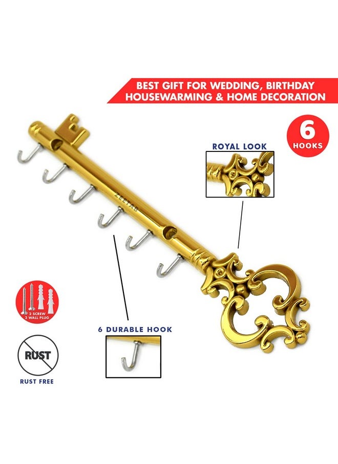 Zeetab Zeetab Metal Royal Key Holder & Hanger with 6 Hooks | Rajwadi Wall Mount Key Stand | Home Decor Gift (24x6cm) (Gold)  - Image 3