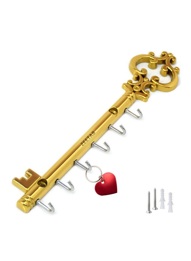 Zeetab Zeetab Metal Royal Key Holder & Hanger with 6 Hooks | Rajwadi Wall Mount Key Stand | Home Decor Gift (24x6cm) (Gold)  - Image 1