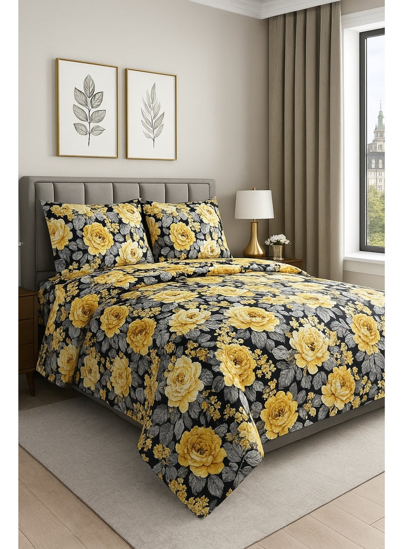 3 Pieces Flat Bedsheet Set with Floral Pattern King Size Bed Pillow Cover Set with 1 Bedsheet  2 Pillow - Image 1