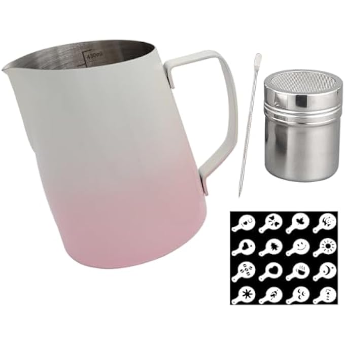 SIPLIV 14 Oz450 Ml Stainless Steel Espresso Steaming Pitchers Milk Frothing Pitcher With Latte Art Pen Cocoa Powder Shaker Coffee Stencils Coffee Art Tool Kit Gradient Pink - Image 2