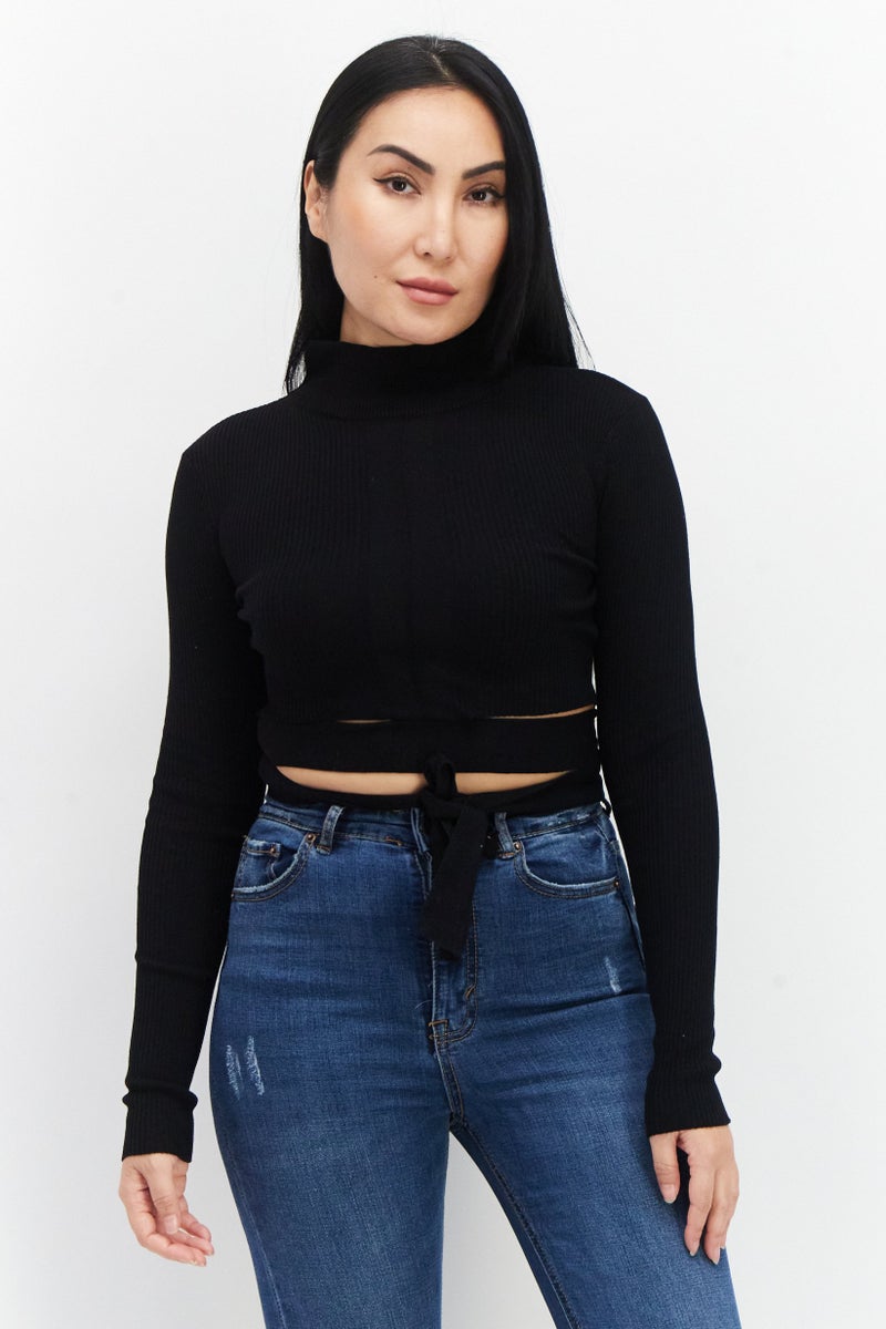 BRAVE SOUL Women High Neck Rib Sweater, Black - Image 1