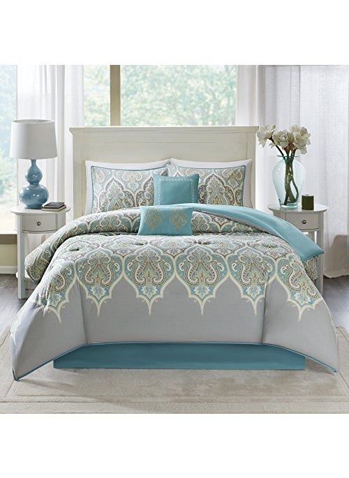 Comfort Spaces Comfort Spaces Cozy Comforter SetModern Classic Design All Season Down Alternative Bedding Matching Shams Bedskirt Decorative Pillows Queen Mona Paisley GreyTeal 6 Piece 